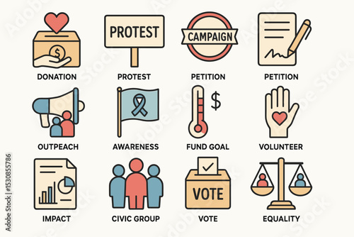 Icons representing donation, protest, petition, and civic engagement activities