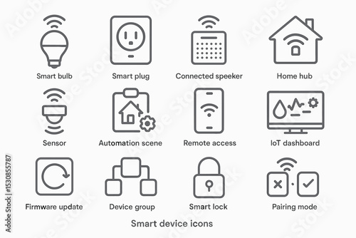Smart device icons collection: bulb, plug, speaker, hub, sensor, lock, iot dashboard