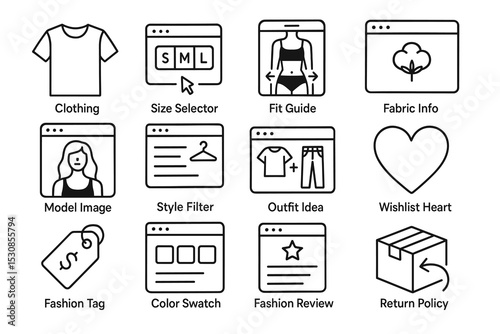 Online fashion shopping icons: clothing, size selector, fit guide, model image, return policy