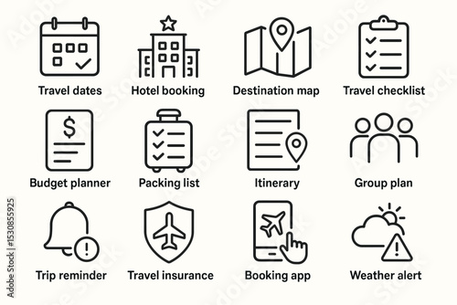 Travel planning icons: itinerary, booking, maps, checklist, budget, group, weather