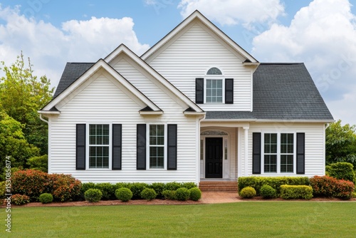 Dream Suburban Home: White Exterior, Landscaping, and Classic Design.  A perfect blend of architectural beauty and comfortable living, this house is the epitome of suburban charm. photo