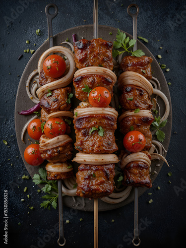Shish kebab BBQ meat with onions and tomatoes. On a black background. Top view. Free space for your text. Rustic style.
