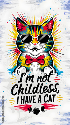 Vibrantly illustrated cat with sunglasses, and red bow tie, paired with humorous quote expressing pet-love. Perfect for decorations, merchandise, or gifting to animal lovers and cat enthusiasts.