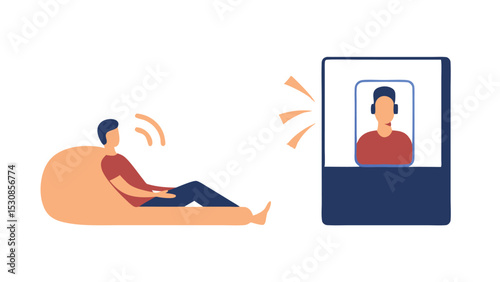Person on a beanbag chair video calling a person with a headset on a computer screen display