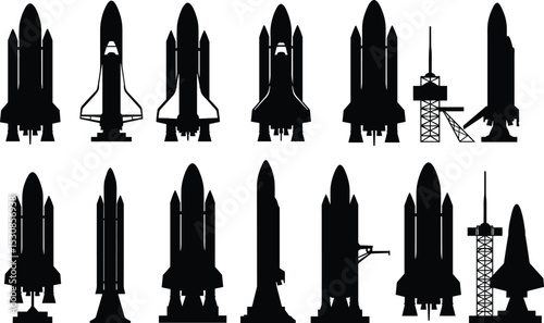 Set of space shuttle rocket launch silhouettes, vector icons of spacecraft, boosters, launch pads, aerospace design, and space technology illustration