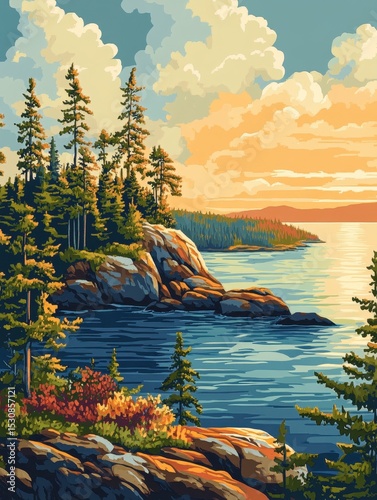 Michigan Illustration. Isle Royale National Park Poster Art Featuring Islands on Lake Superior Shore