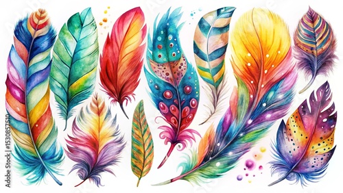 watercolor feathers, boho clipart, bohemian illustrations, bird feather art, PNG isolated, hippie design, rustic decor, vibrant watercolor, hand-painted textures, festival graphics,
