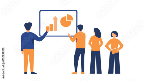 Group of people looking at a presentation board with bar graph pie chart and upward arrow display data