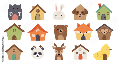 Cute cartoon animals with houses