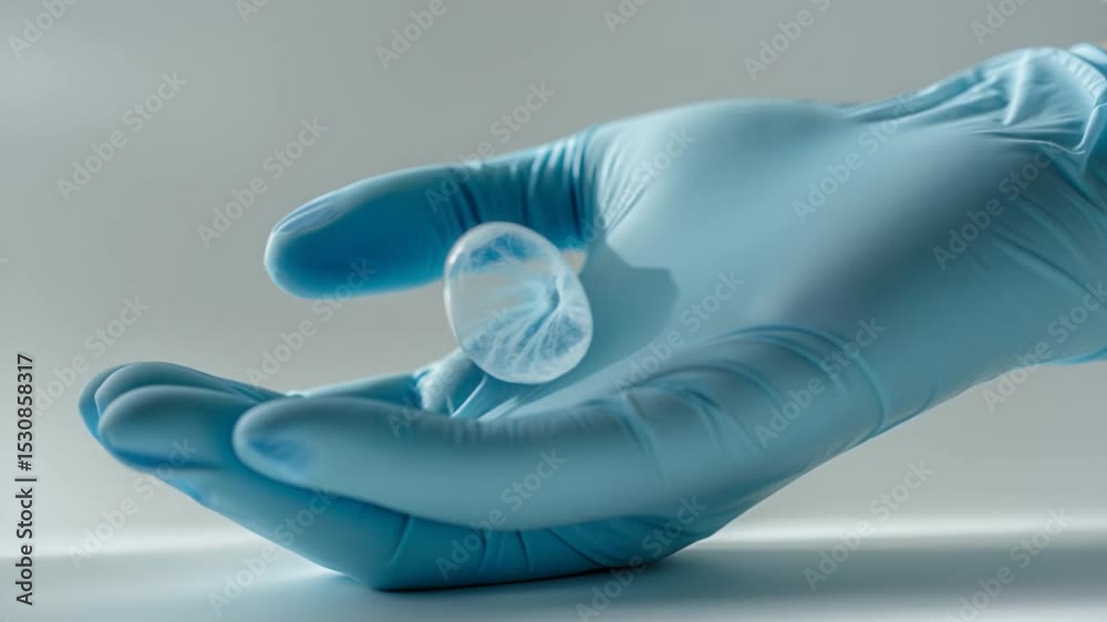 Hand in blue medical glove holding a transparent stem cell on a light grey background