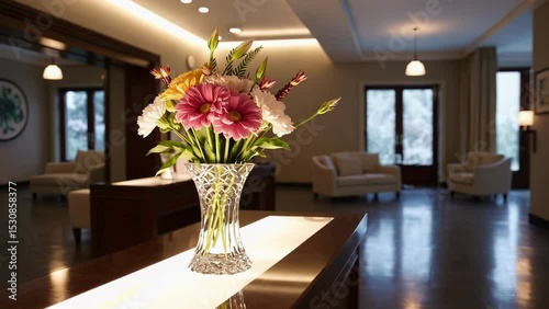 Elegant Crystal Vase with Colorful Flowers in Luxurious Living Room Setting                          