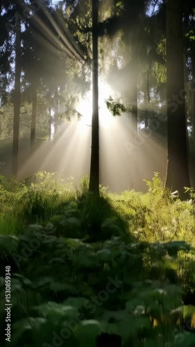 Rays of sunlight penetrating through the trees in a lush green forest, illuminating the forest floor and creating a mystical atmosphere