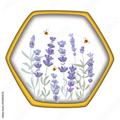 Lavender flowers and bees in a honey comb isolated composition. Beekeeping products packaging design element. 