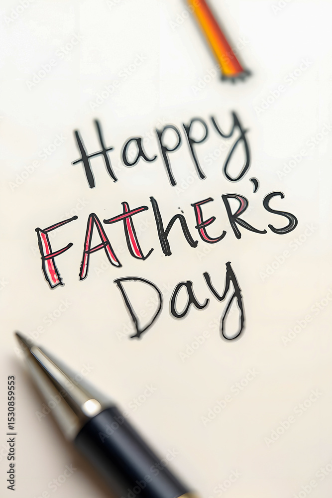 Obraz premium A creative Father's Day greeting written in playful, hand-drawn black and red letters on white paper, with a pen placed nearby, conveying a personal and heartfelt message for the occasion.