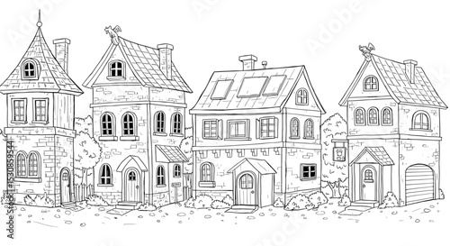 Row of stone buildings drawing