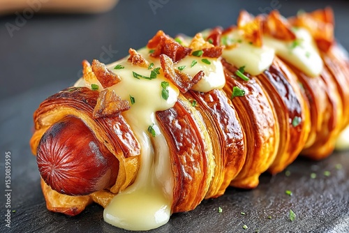Grilled Hot Dog Wrapped in Pastry with Melted Cheese. Generative Ai