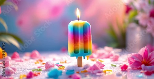 Colorful birthday candle stuck in rainbow cake Ice cream with sprinkles on vibrant festive table, creative party scene — concept for kids events, cake branding, birthday visuals