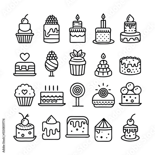 Collection of line art cakes and sweets icons