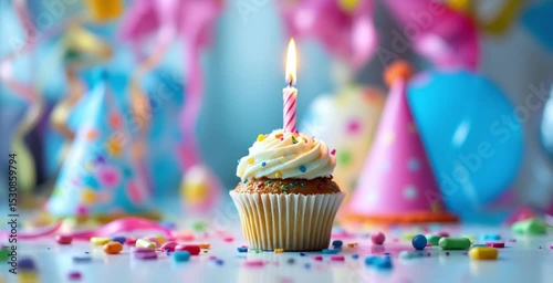 Burning candle on muffin in party setting with cupcakes behind, vibrant birthday mood — concept for bakery promo, pastry content, sweet celebration