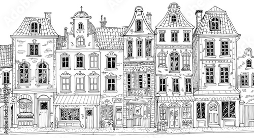 European townhouses line art illustration