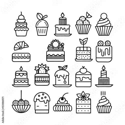 Collection of line art cakes and cupcakes icons