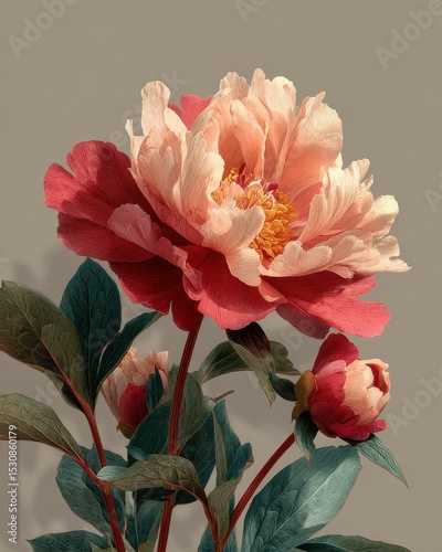 Peony bloom close-up with bud and green leaves on a neutral background