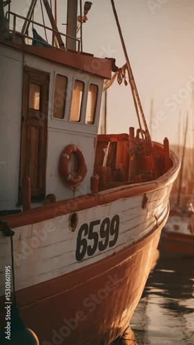 Closeup of a weathered white and red fishing boat with its unique number on the hull moored at a quiet harbor in the sunset.