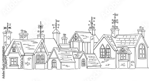 Black and white old style houses illustration