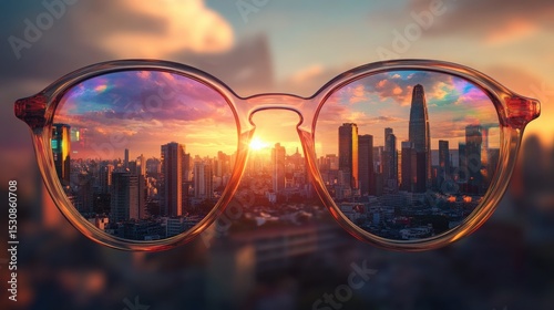 Wallpaper Mural Sleek transparent eyeglasses framing a vibrant metropolis skyline at golden hour, with sunlight refracting through the lenses to cast rainbow prisms across the frame Torontodigital.ca