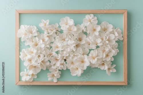 Delicate white blossoms artfully arranged in a light wooden frame. photo