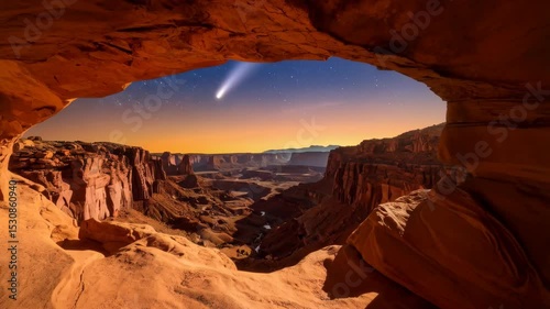 Dramatic canyon landscape with celestial comet seen through a natural rock arch at dusk, creating a sense of wonder and vastness of nature