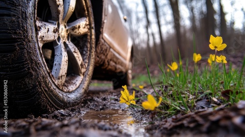 Close-up of muddy car tire with yellow flowers on forest path. Summer Tire Changeover Month