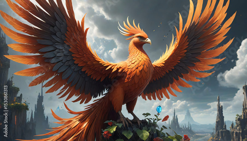 Golden dragon statue in Thailand and a flying golden eagle illustration with majestic wings symbolize freedom in nature