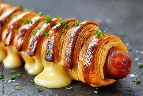 Grilled Hot Dog Wrapped in Pastry with Melted Cheese. Generative Ai