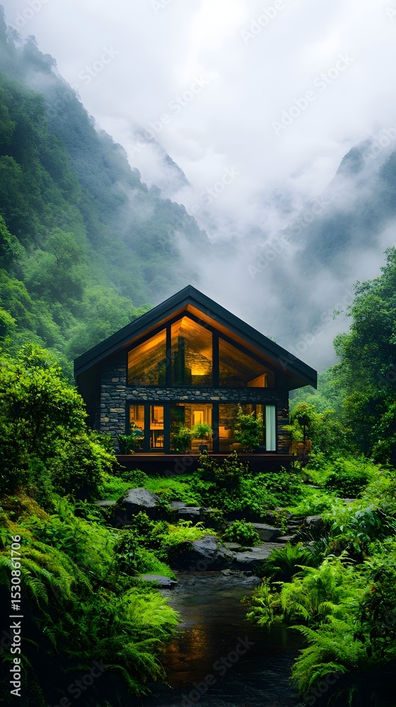 Fototapeta premium Mountain cabin, illuminated, misty valley, stream, serenity