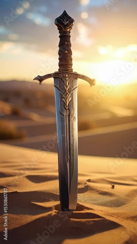 Ornate sword planted firmly in desert sand under a bright sky at sunset, reflecting light and shadow against textured dunes.