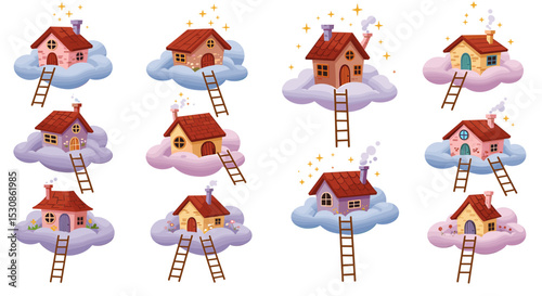 Cartoon houses on clouds illustration