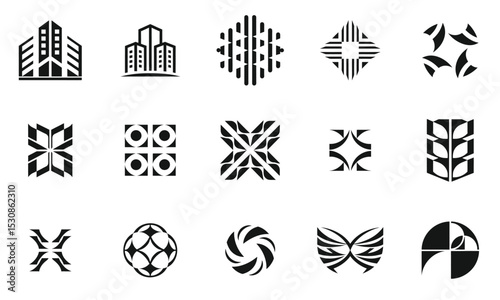 A collection of creative logo designs featuring abstract shapes in black and white. These unique logos symbolize innovation and modernity in branding.