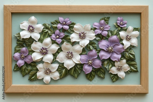 Delicate floral arrangement of white and lavender flowers. photo