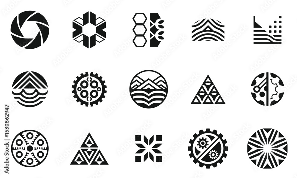 A collection of geometric, black and white logos featuring various shapes and logos, conveying a modern and abstract aesthetic. Ideal for design projects. A collection of geometric, black and white logos featuring various shapes and logos, conveying a modern and abstract aesthetic. Ideal for design projects.
