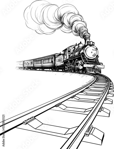 Detailed Black and White Sketch of a Steam Train with Smoke on a Curved Railway. Vector illustration on white