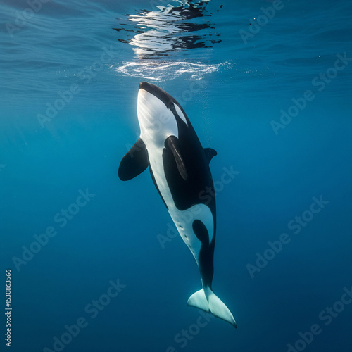 A majestic killer whale gracefully swims in blue waters,