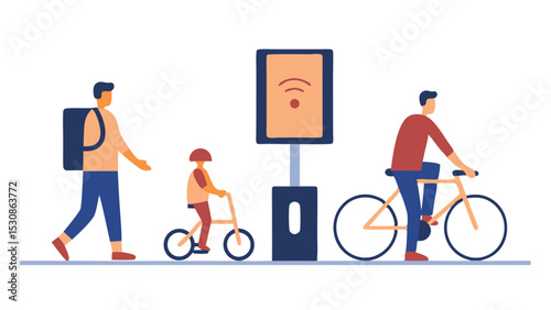 Illustration showing a delivery man walking a child on a scooter a sign and a man on a bicycle