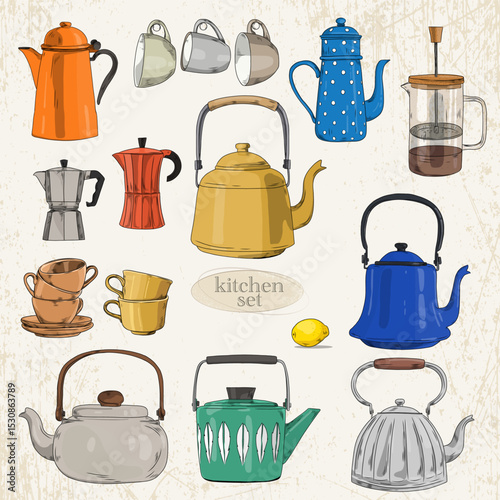 Vintage kitchen set with kettles, coffee makers and cups on a light textured background.
