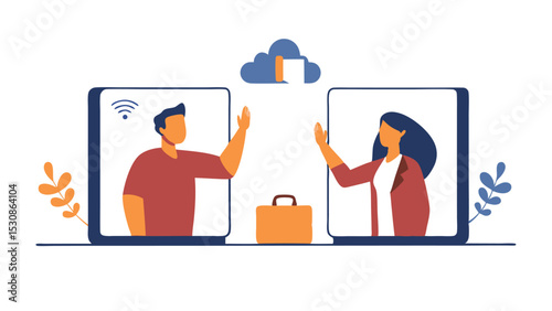 Two people video calling each other through their phones with cloud and briefcase in between them