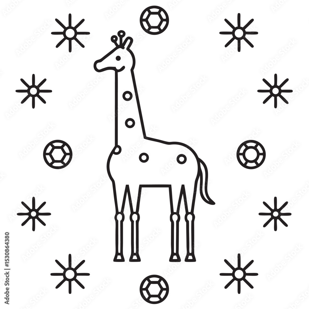 Naklejka premium Line Art Giraffe with Snowflakes and Diamonds Illustration