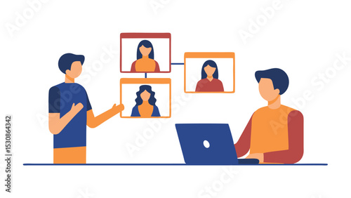 Illustration of a virtual meeting with two people and three participants on screens using a laptop