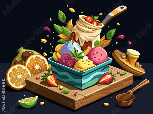 vector of Ice cream poured into its container and decorated with chopped fruits and nuts is placed on a wooden table and a black background.