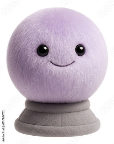 Cute plush lavender sphere with a smiley face, resting on a grey base, on transparent background.
