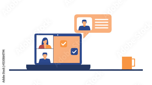 Laptop displaying a video conference with two participants and a chat bubble with a profile icon